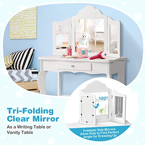 image for HONEY JOY Kids Vanity Set with Mirror, 2-in-1 Wooden Toddler Vanity Ta