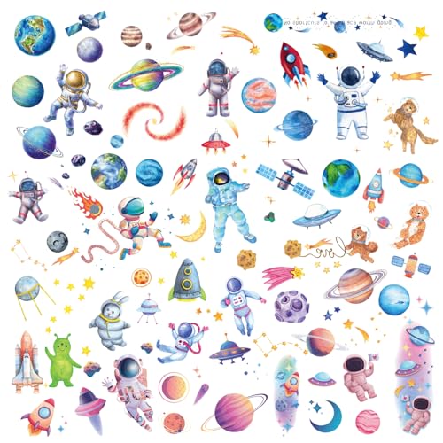 Amaxiu 12 hojas de tatuaje temporal espacial con purpurina para niños, tatuajes falsos de planeta astronauta, pegatina brillante, lindo cohete, transferencia de agua tatuaje para cara y cuerpo