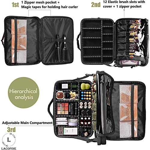 LACOPINE-Travel-Professional-Makeup-Case-Organizer-Bag-for-Women-Portable-Artist-Storage-Makeup-Brush-Bag-with-Adjustable-Dividers-Black-16-INCH-2-Layer