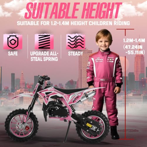 Image of 2026 New 50cc Dirt Bike for Kids 2-Stroke, Toddler Gas Powered Mini Bike with Front Rear Disc Brakes, Speeds up to 40KM /H, Gas Motorcycle for Children, Ideal Gifts for Boys Girls, Blue (Pink)