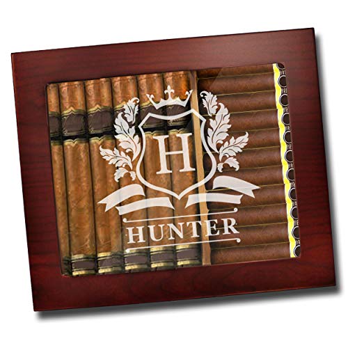 Custom Personalized Premium Cigar Humidor Box with Hygrometer, Humidifier and Glass Top - Engraved Wood Cigar Box Gift Set (Personalized - Rosewood)