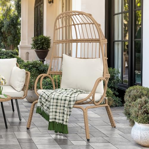 DWVO Narrow Egg Chair Wicker, Patio Rattan Basket Chair with 370lbs Capacity Outdoor Indoor Egg Chairs with Stand & Cushion Cocoon for Bedroom, Patio, Balcony, Beige