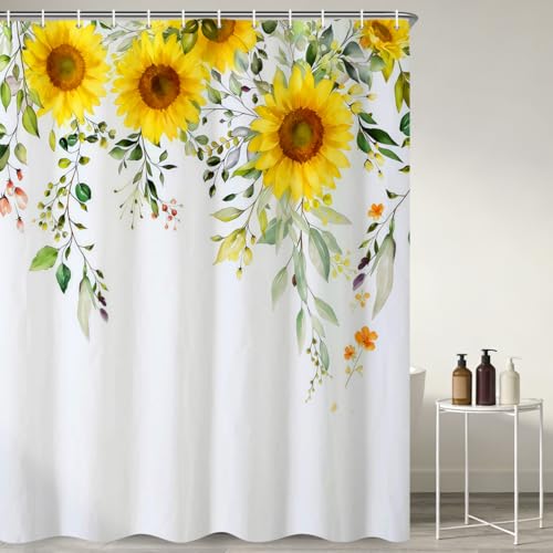 Xiazhilaio Sunflower Shower Curtain - Vibrant Yellow Sunflowers with Greenery Waterproof Fabric Floral Shower Curtains with Hooks 71x74 Inch