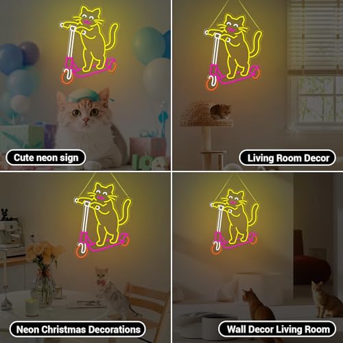 Image of Cute Cat Neon Sign, Skateboard Neon Signs for Wall Decor Dimmable USB Room Decor for Teen Girl, Party, Bedroom, Pub, Furniture, Gifts for Birthday, Christmas (Skateboard Cat-Yellow)
