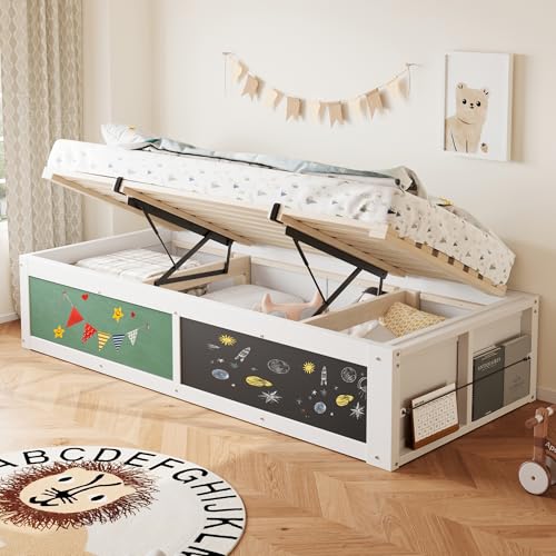 Wiuzo Cama de madera de 90 × 200 cm con ajuste hidráulico, tablero de escritura y parte superior de fieltro, con espacio de almacenamiento, montaje a izquierda y derecha, cama individual (blanco)