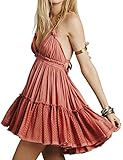 R.Vivimos Womens Summer Halter Deep V Neck Sexy Patchwork Mini Short Dresses (Small, Pink)