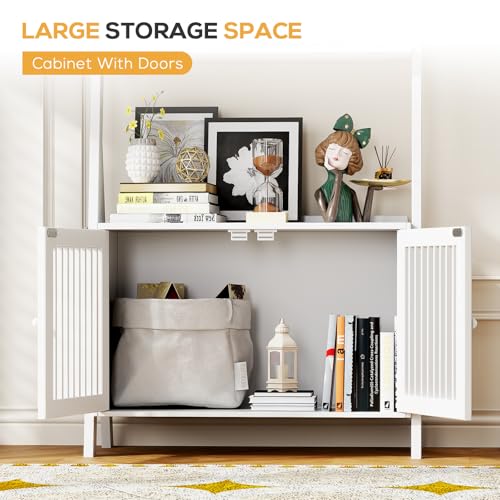 Image of Bookcase with Drawers, 4-Tier Bamboo Bookshelf Ladder Shelf with 6 Hooks, 59.5 inchH x 24.8 inchL x 10.6 inchW, Tall Narrow Freestanding Standing Storage Organizer for Living Room, Office, Bedroom, White