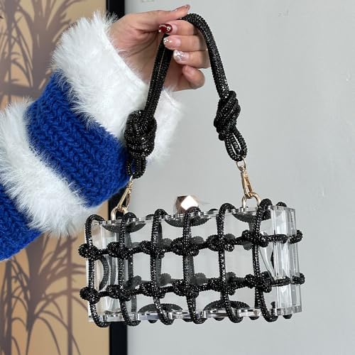 Image of Acrylic Clutch for Women Clear Purse with Rhinestone, Sparkly Evening Bag Party Prom Wedding Cocktail, Black