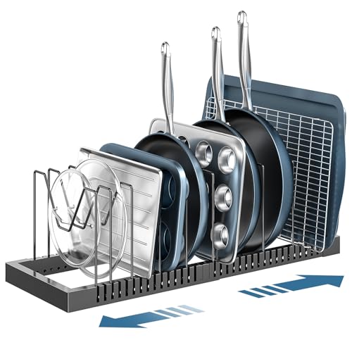 Pots and Pans Organizer Rack for Cabinet, Expandable Pot Lid Orga...