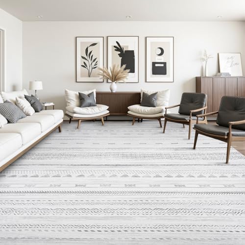 10x14 Area Rugs for Living Room Machine Washable Rug Distressed Indoor Carpet Neutral Moroccan Boho Rug Ultra Soft Area Rug for Bedroom Dining Room Playroom Office, Grey