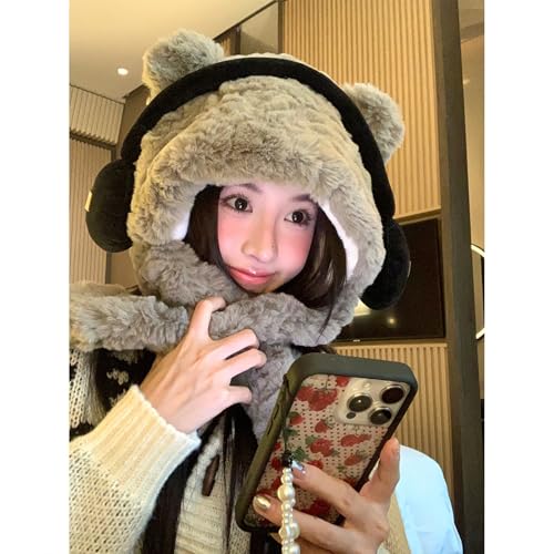 Bear Plush Hat,Bear Plush Winter Hat Women Warm Winter Hat Integrated with Scarf and Gloves for Outdoor Warmth4