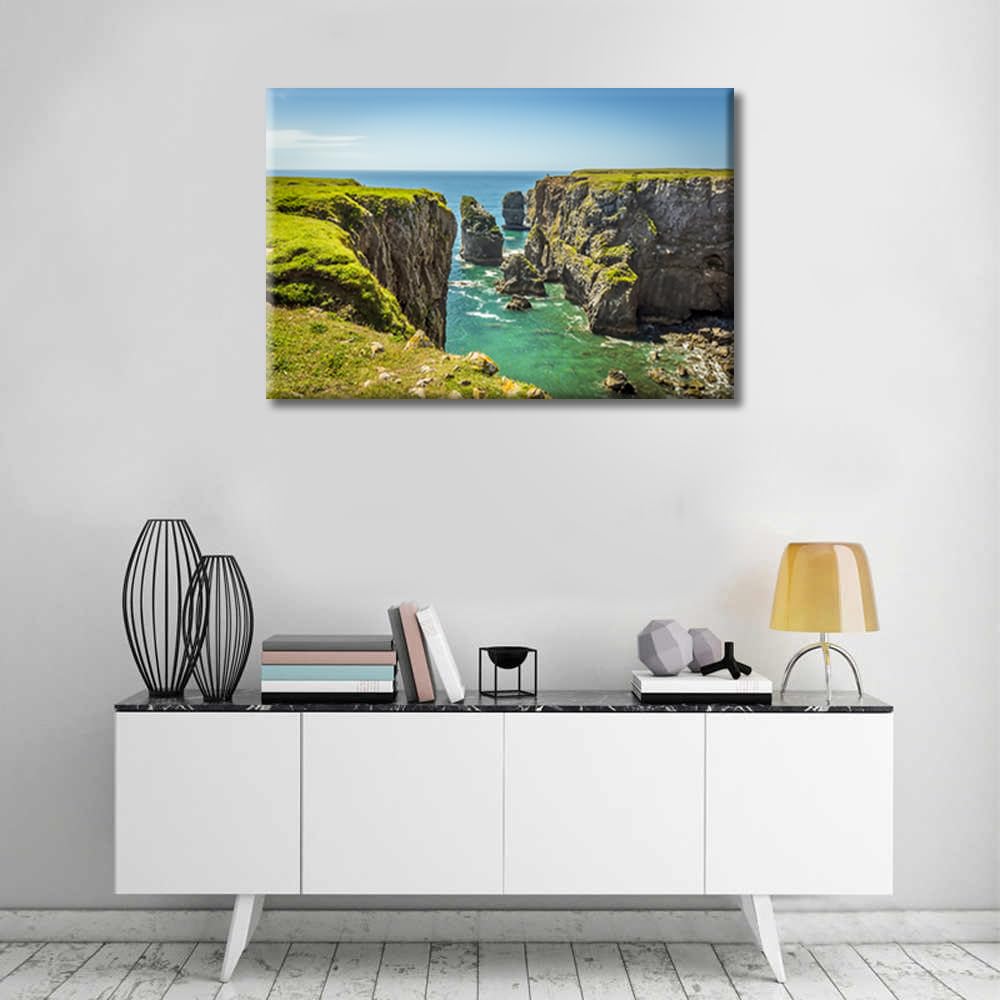 Pembrokeshire Coast Wales Canvas Wall Art Rock Stacks Offshore Wall Paintings 1 Piece Wall Decoration for Living Room Decor Summer Wall Pictures for Bedroom Framed Ready to Hang (16''Wx 24''H) - Image 2