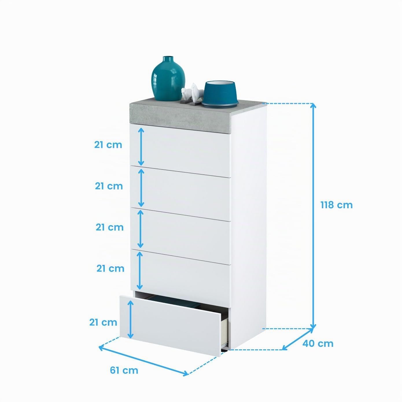 Habitdesign – Cómoda Sinfonier con 5 Cajones, Comoda Moderna para Dormitorio, Sinfonier Vestidor, Color Blanco Artik y Gris Cemento, 118x61x40 cm - Modelo Tekkan