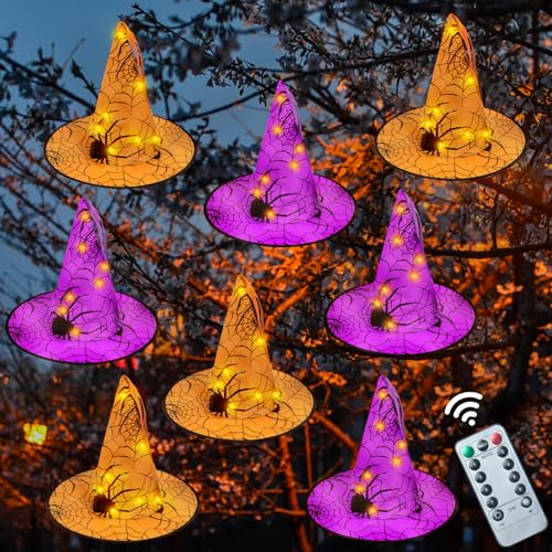 Korlon Tec Witch Hats Decorations, 80 LED Hanging Witch Hats Lights, 8 Lighting Modes and Remote Control Halloween String Lights for Outdoor Indoor Tree Garden Yard Home Party Decor