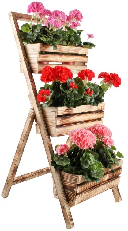 KOTARBAU® Escalera de madera para plantas, Estantería de 3 jardineras, Huerto vertical, Jardinera vertical, Huerto urbano, Maceteros de madera quemada, Estantería para plantas, Cama elevada de jardín