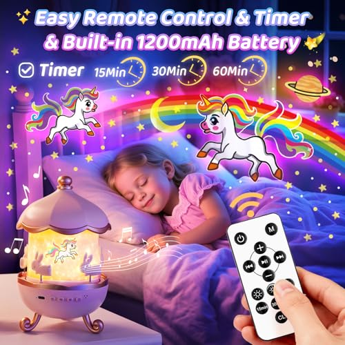 One Fire Educational Star Projector Night Light, Unicorn Gifts for Girls, 15 Sounds Night Light with 15 Films & 315 Modes, Rechargeable Sleep Aid with 360° Rotating, Remote & Timer