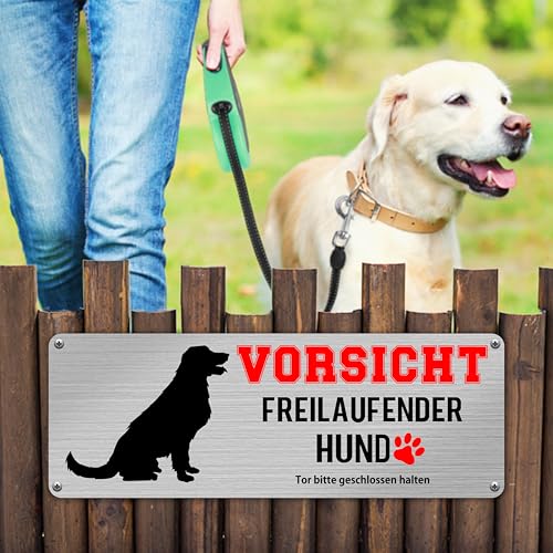 Yezirzax Vorsicht Freilaufender Hund, 2 Stück 25x10cm Achtung Hund Schild, Vorsicht Bissiger Hund Schild Warnschild Hund Aluminium mit Selbstklebend und Vorgebohrten Löchern