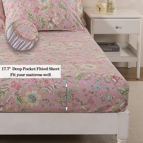 Image of FADFAY Full Sheet Set 4Pcs 100% Egyptian Cotton Bed Sheets Deep Pocket Soft Breathable Vintage Misty Pink French Country Bedding Shabby Cottagecore Floral Bedding Luxury Hotel Quality for All Seasons