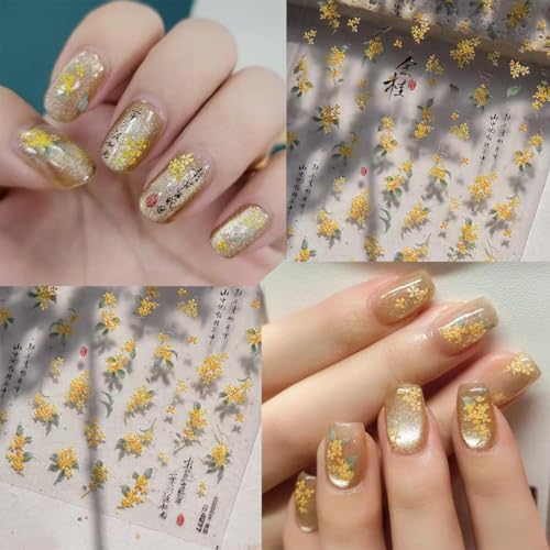 Image of 5D Embossed Yellow Nail Art Stickers Spring Flower Nail Stickers Chinese Style Design Floral Leaf Nail Decals Supplies Self Adhesive Sticker DIY Acrylic Nail Accessories