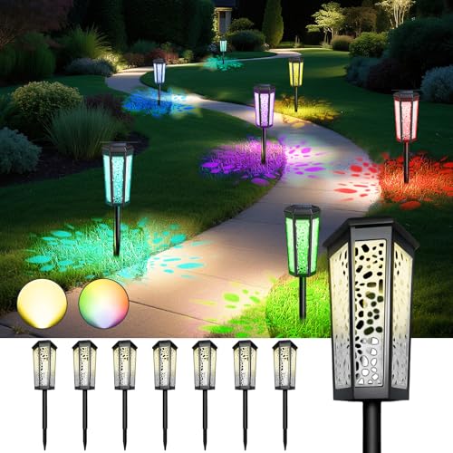 Colored Solar Powered Pathway Landscape Lights Outdoor Warm White & RGB Dusk to Dawn Waterproof for Garden Sideway Outside, Patio, Path, Yard, Walkway, Driveway, 2 Modes 8 Pack Accent Modern Design