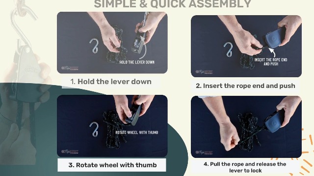 Rope Ratchet 3/8" Block and Tackle Pulley System, Adjustable Hoist for Lifting Gear, Outdoor Utility Rig for Elevating, Tensioning, Securing Equipment, 8' Braided Polypropylene Rope, 250 lb Capacity