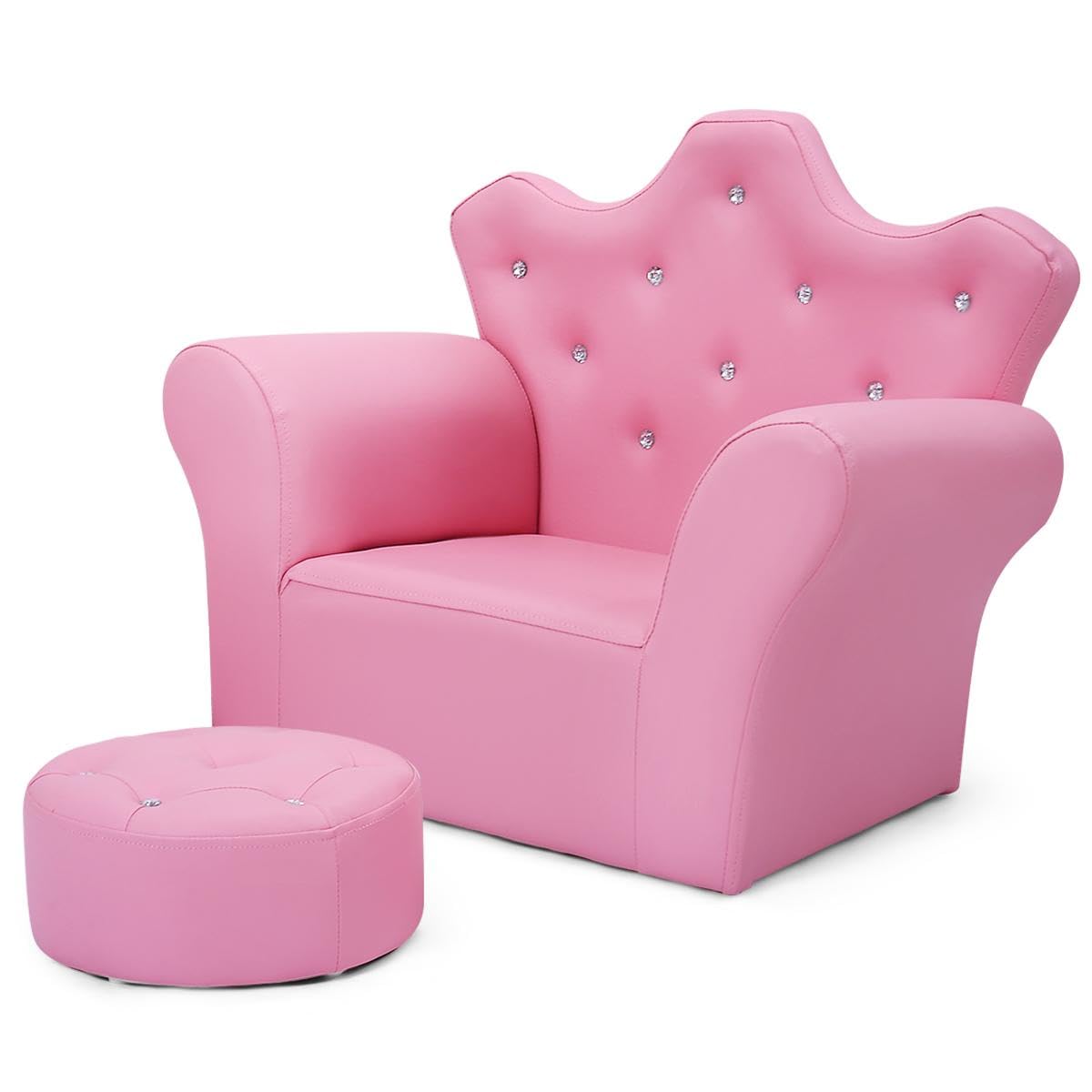 DREAMADE Kids Sofa with Ottoman, Crown-Like Kids Couch w/Comfy Armrests, Sturdy Wood Structure, PVC Leather Surface & Crystal Decoration, Toddler Chair with Footstool, Ideal for Princess 3-5 (Pink)