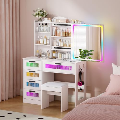 MDGC Vanity Desk with Sliding Vanity Mirror and RGB Lights,Makeup Vanity Desk with Charging Station,LED Vanity Table with Hidden Storage,Dressing Table Set with Stool&5 Drawers for Bedroom,White
