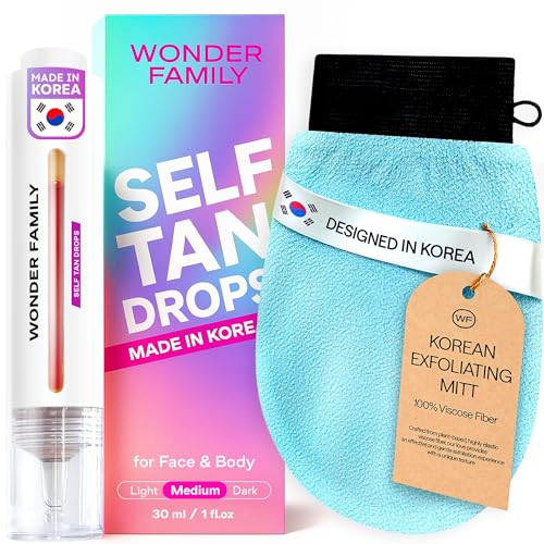 Self Tanning Kit for Face & Body with Korean Exfoliating Mitt Tan Remover – Sunless Tanner to Add to Moisturizer – Bronzing Drops Glow Serum Self Tan Drops Non-Toxic Sunless Tanner Royal Pur