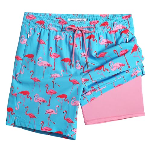 maamgic 7 Mens Swim Shorts with Compression Liner 4-Way Stretch Bathing Suit Swimming Shorts with Pockets Hawaiian Flamingo L