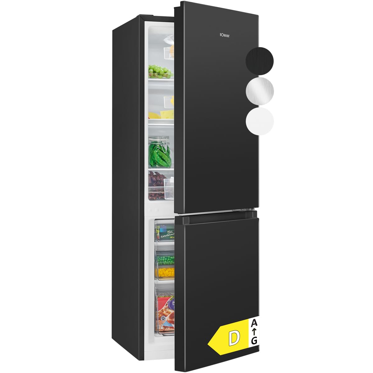 Bomann® Kühlschrank mit Gefrierfach | Energieklasse D | 143cm | Kühl Gefrierkombination leise 39 dB | 3 Ablagen & 3 Schubladen | Türanschlag wechselbar | 175L Kühlgefrierkombi | KG 322.1 schwarz