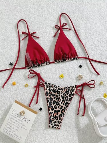 Women's Leopard Print Bathing Suit High Waisted Halter Bow Swimsuit Bikini Set2