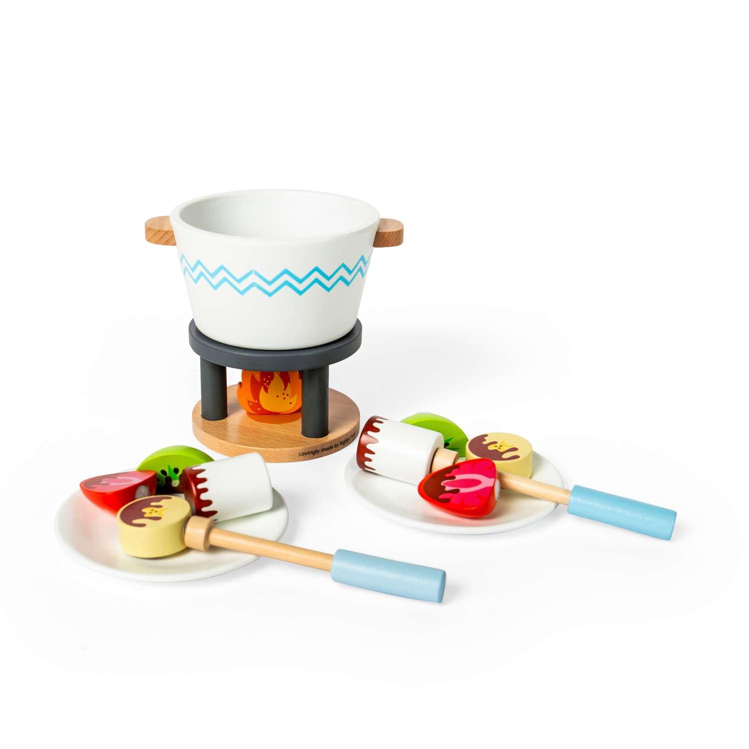 Bigjigs Toys Garnek na czekoladę dla dwojga, drewniany zestaw jedzenia do zabawy, Montessori, zabawka kuchenna, do odgrywania ról, 16 szt. zestawów z drewnem i rzepem, udawaj owoce i czekoladę
