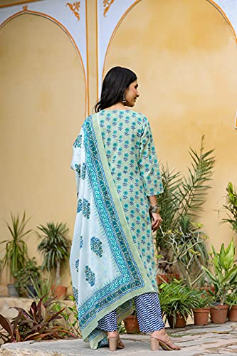 Image of Vaamsi Women's Cotton Blend Floral Straight Kurta Pant With Dupatta