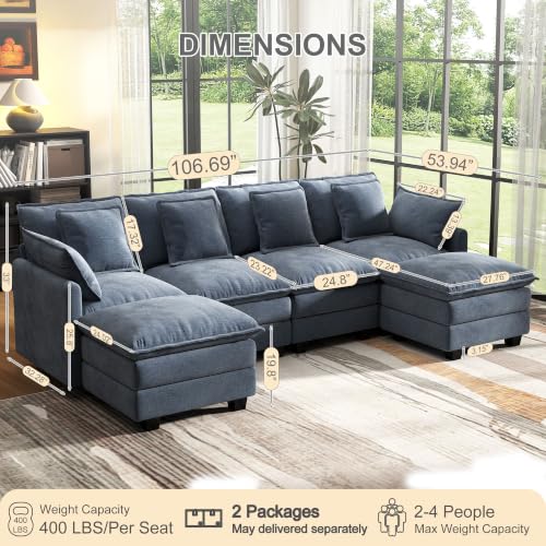 Image of 107 inch Cloud Couch Sectional Modular Sofa, Deep Seat Couches with Ottoman and Removable Washable Pillows for Living Room, Bedroom, Apartment, Blue