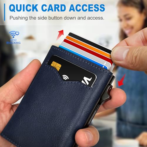 Image of miyozi Wallet for Men,with Cash Pocket 2 ID Window 9-13 Cards,Metal Case Smart Slim Pop Up Credit Card Holder Flip with Magnetic Closure RFID Blocking Trifold wallet with Gift Box