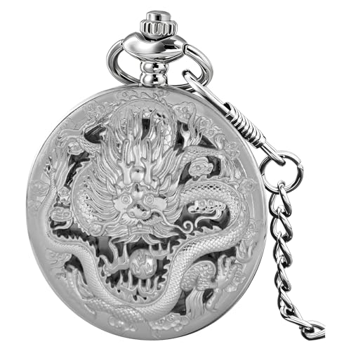 Image of Dragon Design Quartz Pocket Watch Roman Numerals with Chain Birthdays Gifts for Father's Days