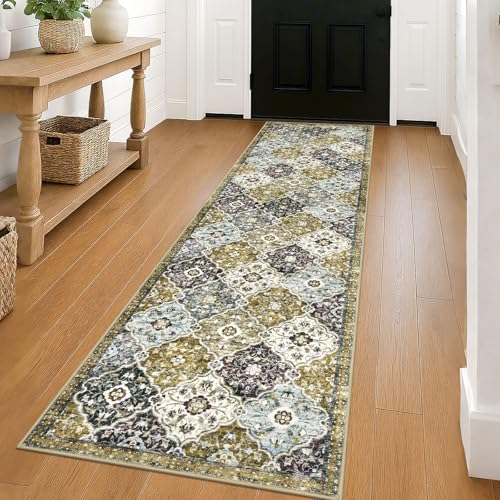 KILOCOCO 2x8 Runner Rug, Moroccan Super Soft Washable Hallway Entryway Runner Rug, Accent Print Faux Wool Kitchen Runner Rug 8 Feet Non-Slip Boho Rug Runners for Laundry Room Bedroom, Gold/Multi