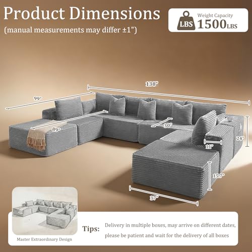 Image of 138 inch Cloud Sectional Couch, Comfort U Shaped Sofa for Living Room, Extra Deep Seats No Assembly, Minimalist Modular Couch, Corduroy (Light Grey, 8 Seats,U-Shape A)