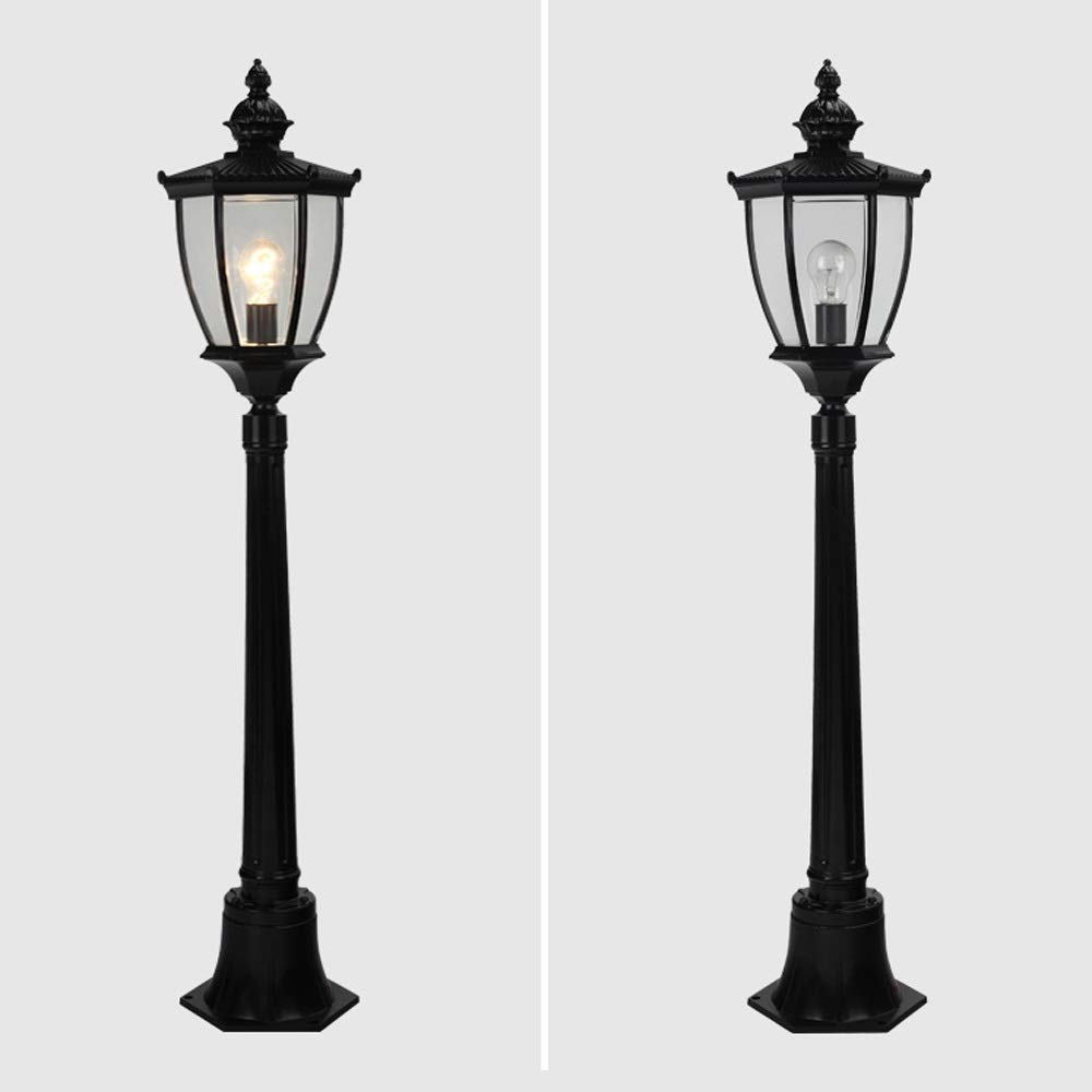 Latarnie zewnętrzne E27 Trawnik Szklana latarnia ogrodowa Europejska Retro Antyczna lampa kolumnowa zewnętrzna IP54 Wodoodporny odlew aluminiowy Uliczny filar,Czarny-wysokość 1,1 m