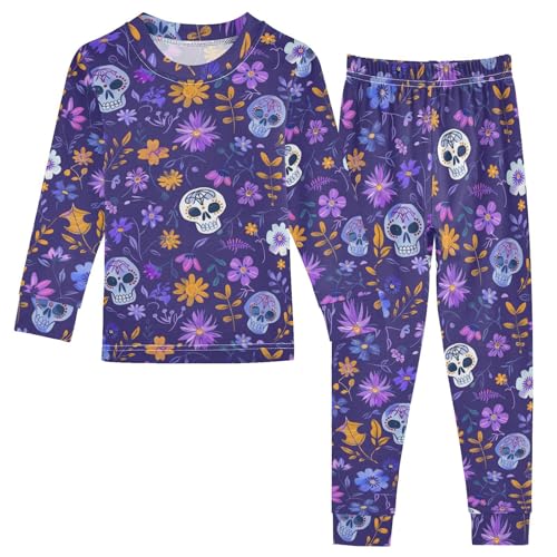 Fustylead Hand Draw Day Of The Dead Skulls and Purple Floral Cotton Pajamas 2-Piece Long Sleeve Sleepwear Matching Set