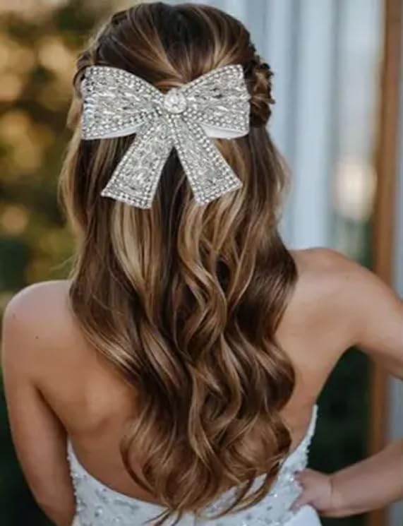 Stylish Rhinestone Fancy Decor Hair Bow Clip | Women Metal Hair Pins Clips | Girls Elegant Party-Ethnic-Western Bow Clips Accessories (Pk-1) (Silver B1)-image-36