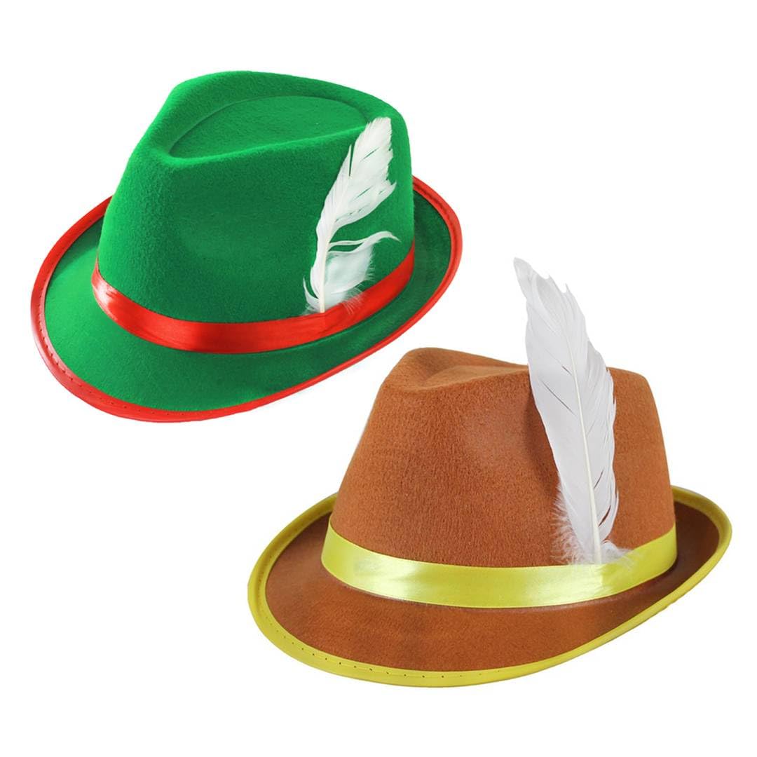 Adults Oktoberfest Accessory Set - Green Tyrolean Hat with Red Band & Feather, Brown Bavarian Hat with Yellow Band & Feather - Mens Womens Oktoberfest Fancy Dress Costume Accessory Set