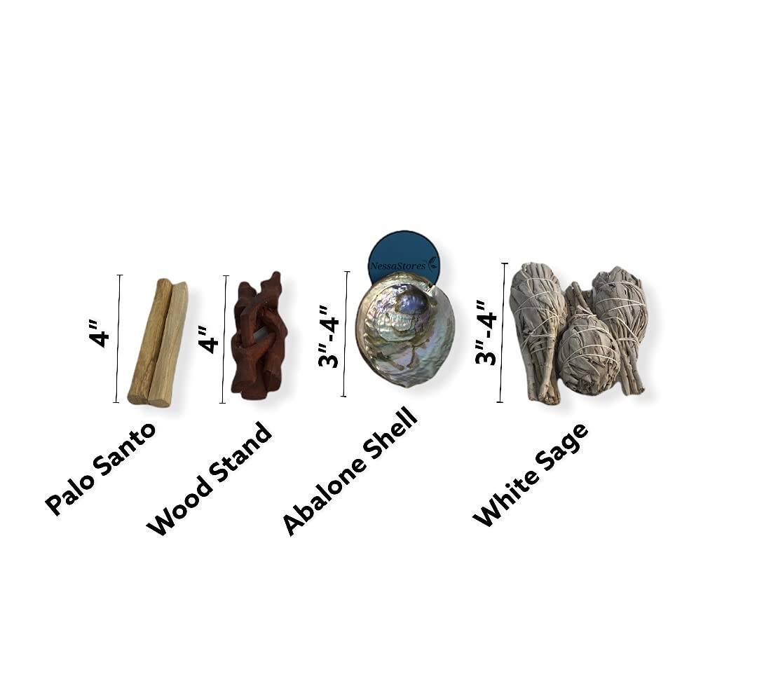 NessaStores Kit de 7 pièces de sauge avec palo Santo, sauge blanche, coquille d'ormeau et trépied en bois pour le nettoyage de la maison, le soulagement du stress et la méditation JC-210