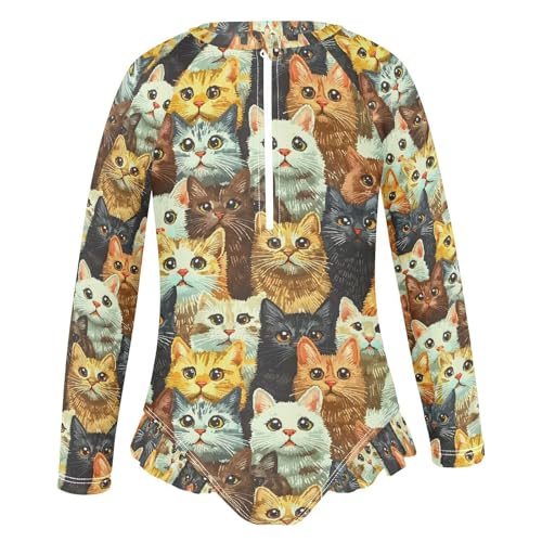 ALAZA Multicolor Cat Kitten Girls One Piece Swimsuit Long Sleeve Rash Guard Swimsuits UV 50+ Swimwear Zipper2