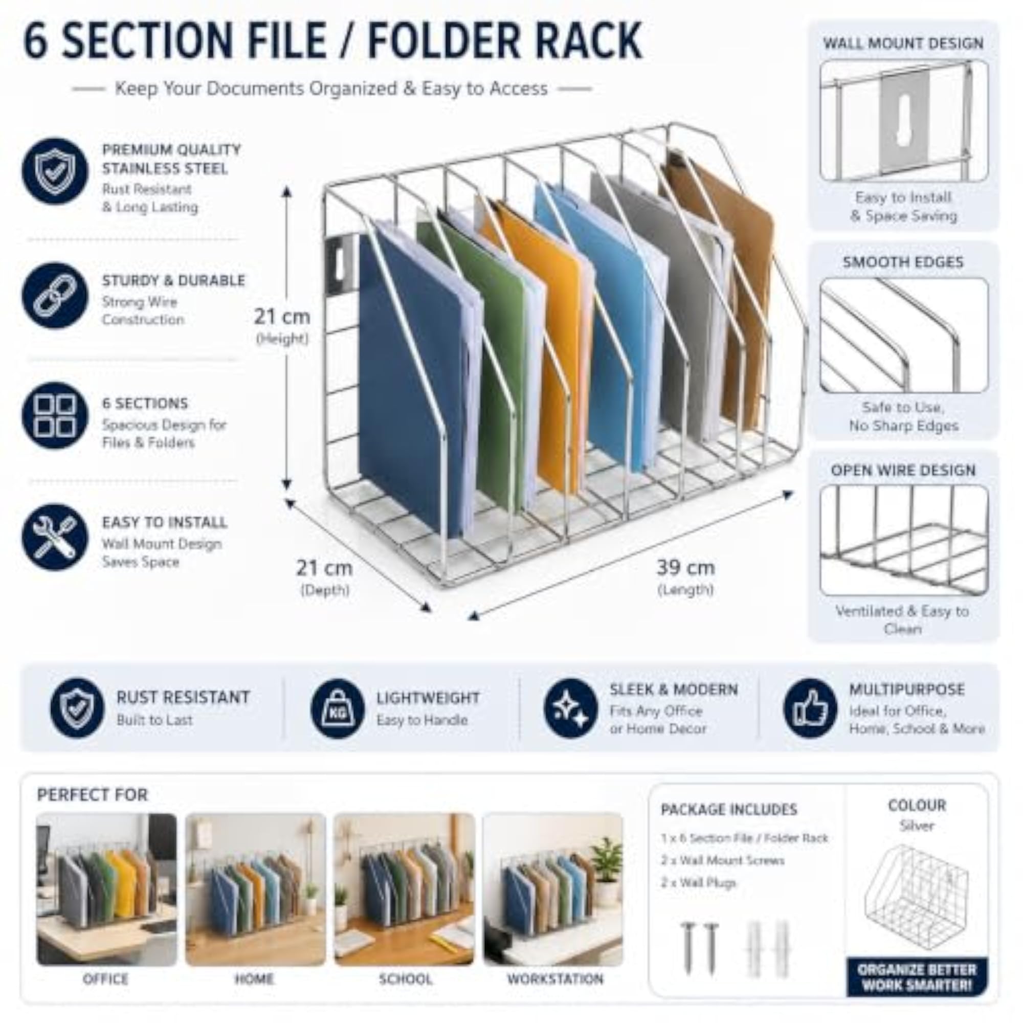 Wall Mounted File Folder Rack, 6 Section, Chrome Wire