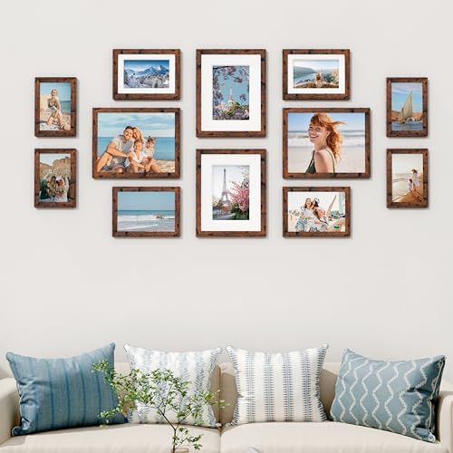 Image of Vittanly 12 Pack Picture Frames Collage Wall Decor for Mounting or Tabletop Display, Gallery Wall Frame Set for Family, Multi Sizes Including 4pcs 8x10, 4pcs 5x7, 4pcs 4x6, Rustic Brown