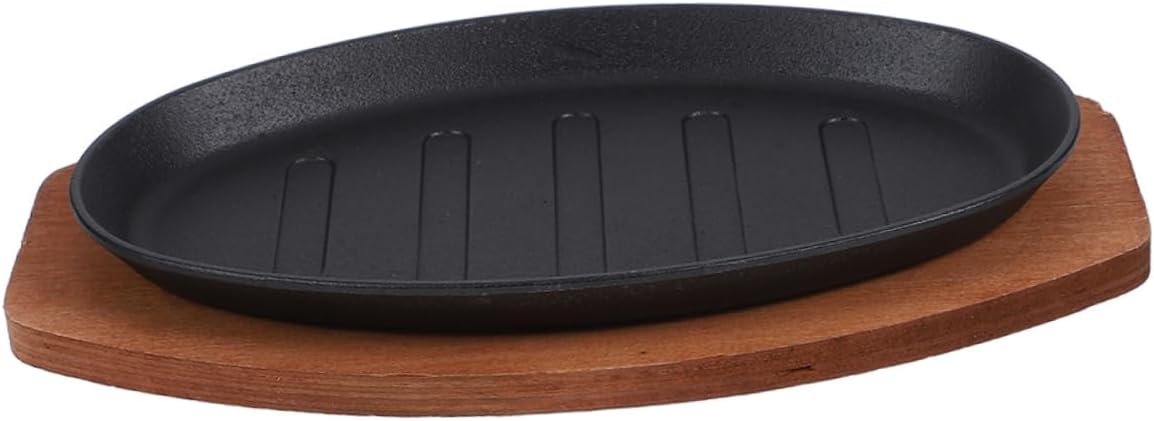 Cabilock Cast Iron Sizzling Plate with Wooden Base Versatile Steak Pan for Indoor Outdoor Cooking Authentic Grill Marks Easy Maintenance