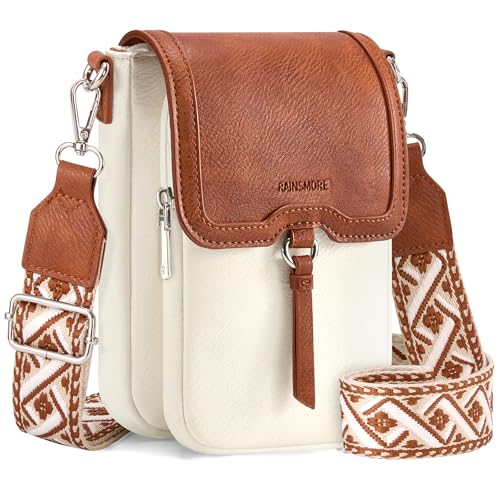 RAINSMORE Cross Body Bag Women Soft PU Leather Shoulder Bag Waterproof Crossbody Phone bag Women's Cross-Body Bags Handbags with Adjustable Wide Straps White