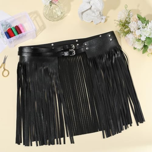 PU Leather Wide Tassel Waist Belt for Women Black Western Punk Leather Fringe Skirt Belt Vintage3