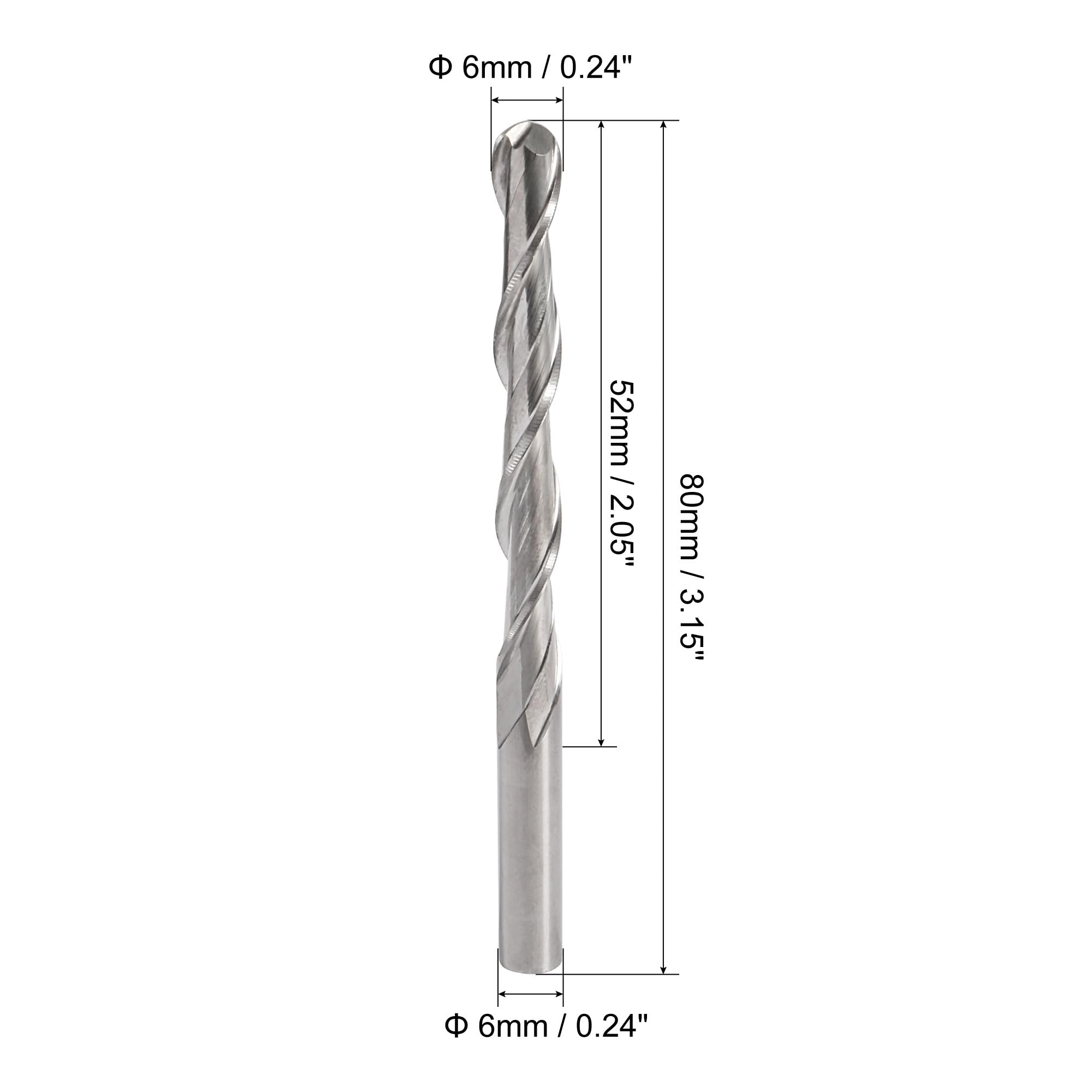 sourcing map Lot de 2 fraises à bout sphérique 6 mm de diamètre 52 mm Longueur de coupe 6 mm Tige en acier rapide 2 cannelures en spirale Upcut CNC fraises à défoncer